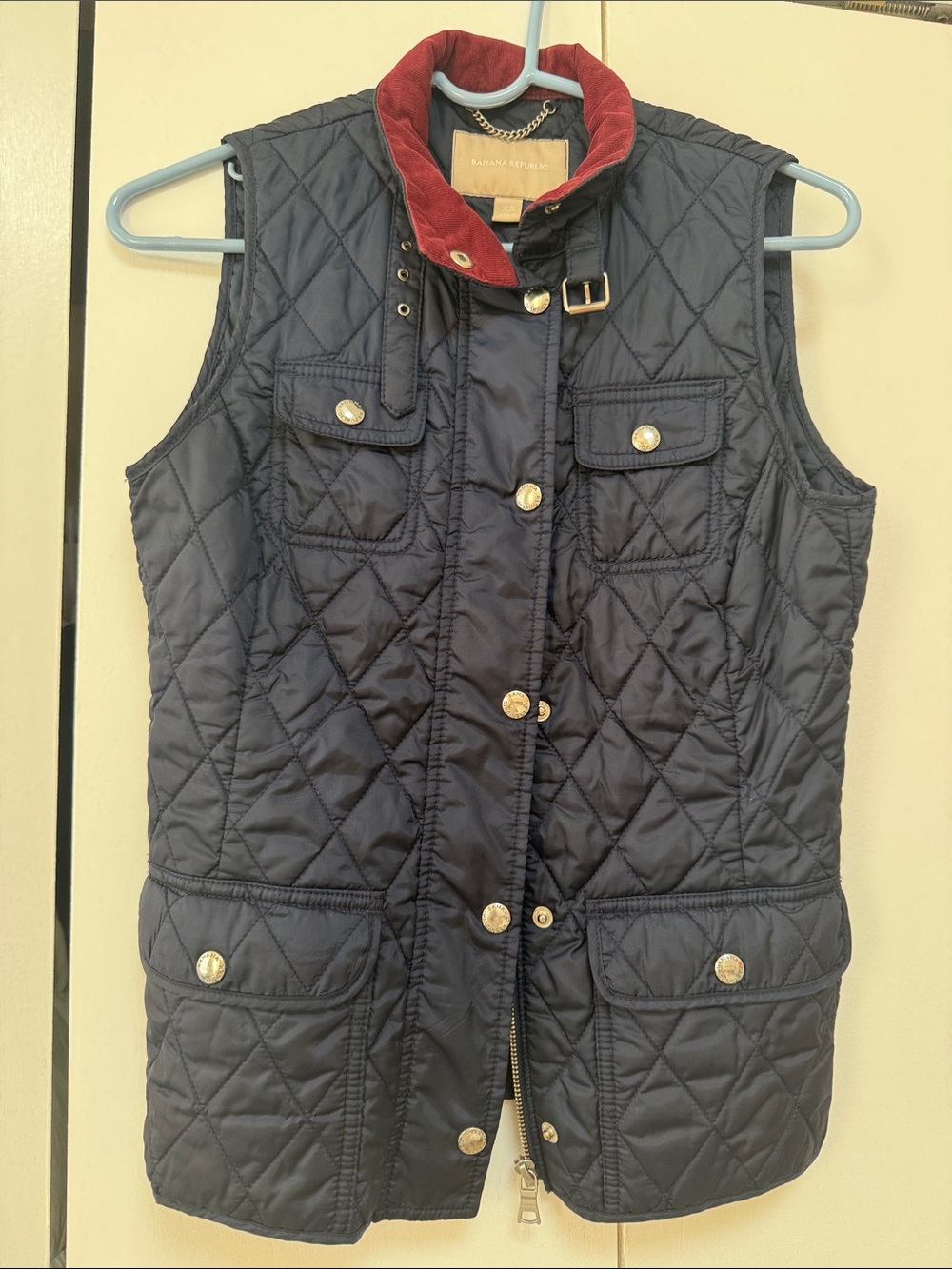 Quilted Navy Vest with Red Collar